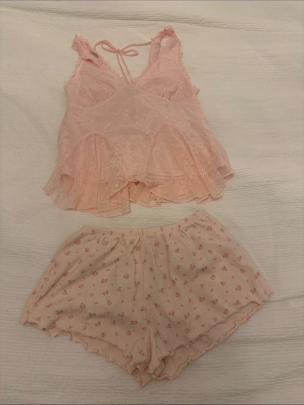 LoveShackFancy Pale Pink Lace Camisole and Floral Sleep Shorts Set